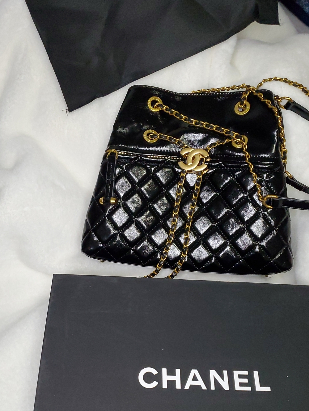 CC Boutique Black Quilted Patent  Chain Drawstring Shoulder Bag